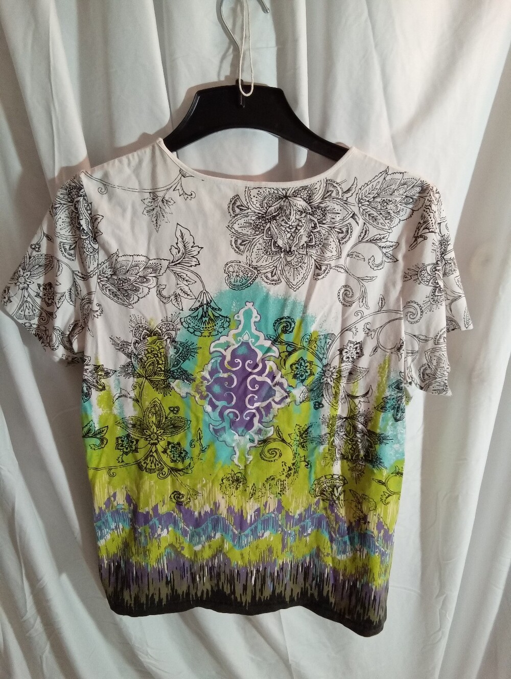 Alfani White Short Sleeve Top with Green, Blue & Purple Print L - Picture 3 of 5
